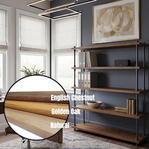 May include: A five-tier industrial shelving unit with dark metal pipes and wooden shelves. A circular inset displays three wood finish options labelled English Chestnut, Golden Oak, and Natural, showing the colour variations of the wood planks.
