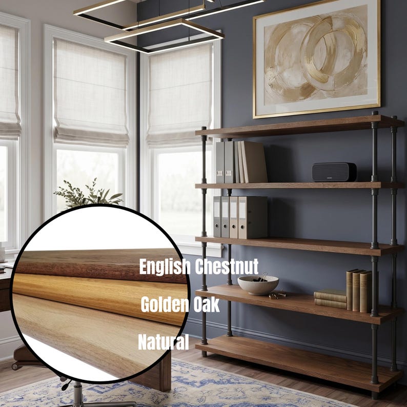 May include: A five-tier industrial shelving unit with dark metal pipes and wooden shelves. A circular inset displays three wood finish options labelled English Chestnut, Golden Oak, and Natural, showing the colour variations of the wood planks.