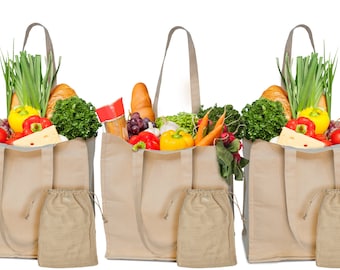 Canvas Grocery Bags Reusable Washable Organic Cotton Shopping Bags With  Handles 3 Pack With 3 Produce Bags