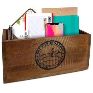 Farmhouse Mail Organizer For Countertop Wooden Letter Holder For Desk Historic Postal Emblem