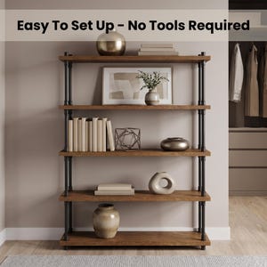 May include: A five-tier bookshelf with dark brown wooden shelves and black metal pipe supports. The text "Easy To Set Up &ndash; No Tools Required" is displayed at the top. The shelves hold various decorative items, including books, vases, and a geometric sculpture.