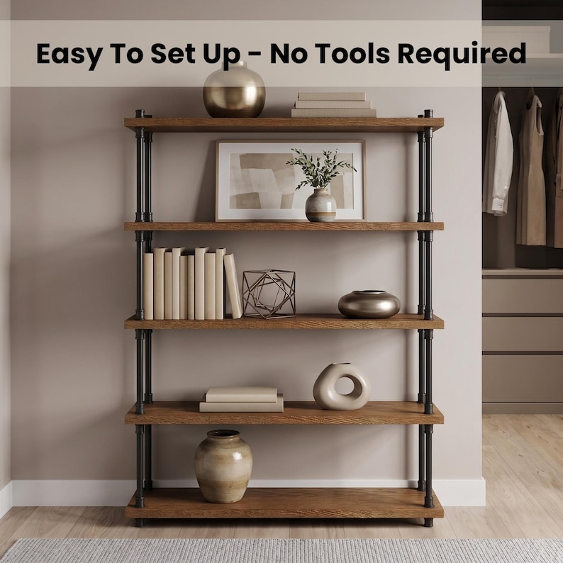 May include: A five-tier bookshelf with dark brown wooden shelves and black metal pipe supports. The text "Easy To Set Up &ndash; No Tools Required" is displayed at the top. The shelves hold various decorative items, including books, vases, and a geometric sculpture.