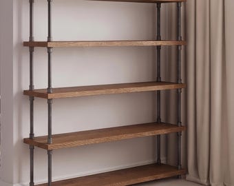 Solid Oak Bookcase, Modern Farmhouse Bookshelf, Handmade Industrial Pipe Shelf, Hardwood Open Shelving, Rustic Home Decor