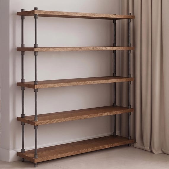 Solid Oak Bookcase, Modern Farmhouse Bookshelf, Handmade Industrial Pipe Shelf, Hardwood Open Shelving, Rustic Home Decor