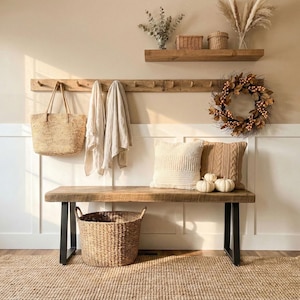 Rustic Farmhouse Bench, Weathered Barnwood with Metal Legs, Modern Industrial Style, Handcrafted in USA, for Entryway and Bedroom