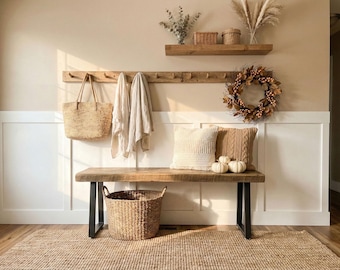 Rustic Farmhouse Bench, Weathered Barnwood with Metal Legs, Modern Industrial Style, Handcrafted in USA, for Entryway and Bedroom
