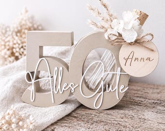 Regalo monetario para el número 50 "Feliz cumpleaños" | Regalo personalizado para el 50 cumpleaños | Set de regalo con tubo de ensayo | Flores secas | Cumpleaños