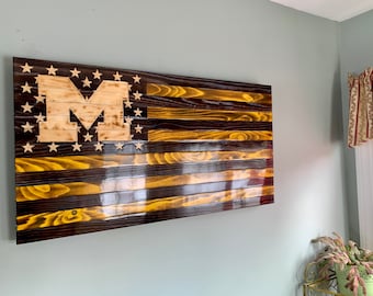 University of Michigan hand made rustic American flag, hand carved, made in USA, gift for him, Michigan football, free shipping