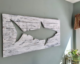 Great White Shark pallet wood sign, pine wood shark silhouette, jaws, shark art, repurposed wood, gift for him, gift for her, son gift