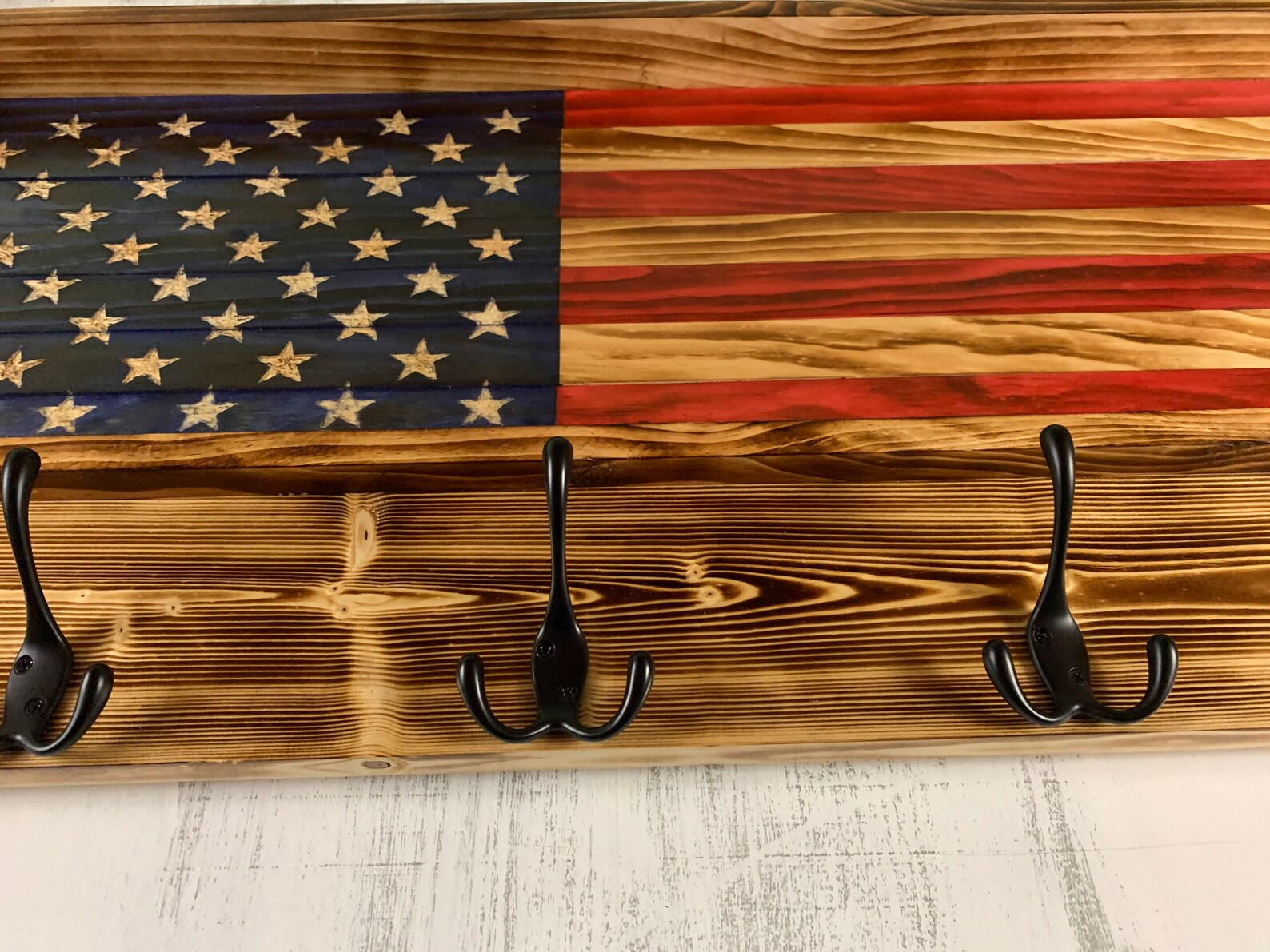 Rustic American Flag 4 Hook Coat Rack Hand Carved Stars Etsy
