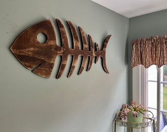 Rustic fish skeleton, fish bones, wooden sign, sea decor, fish art, wooden fish sign, sea life, kids room