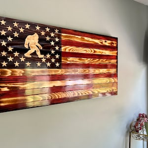 Bigfoot Wood Flag, Bigfoot flag, American Wood flag, USA Flag, Wood flag, burned wood flag, hand carved wood, art decor,wall art