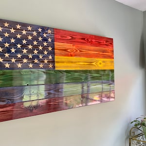 Gay Pride Flag, American gay flag, rainbow flag, wood flag, rustic flag, LGBT flag, hand made