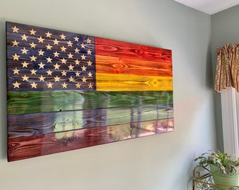Gay Pride Flag, American gay flag, rainbow flag, wood flag, rustic flag, LGBT flag, hand made
