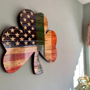 Rustic American Flag split with Irish flag on 3 clover shamrock, Ireland flag, wood shamrock,