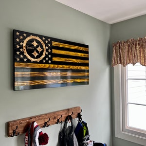 Pittsburg Steelers wooden flag, black and gold American flag, iron curtain flag, rustic flag, gift for him, man cave, birthday gift