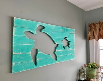 Sea Turtle Silhouette on Reclaimed pallet wood, green turtles, ocean life, Kauai green, mom child