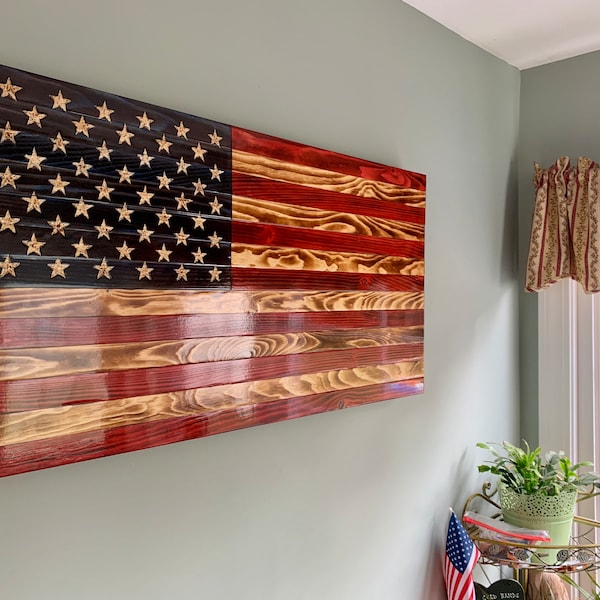 Wood American flag, Hand carved,burned American flag, rustic wood flag, burn wood flag, wood artwork, USA flag, stars and stripes,