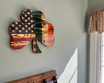 Rustic American Flag split with Irish flag on 3 clover shamrock, Ireland flag, wood shamrock,