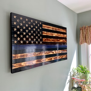 Thin Blue Line, police flag, rustic flag, American wooden flag, hand carved
