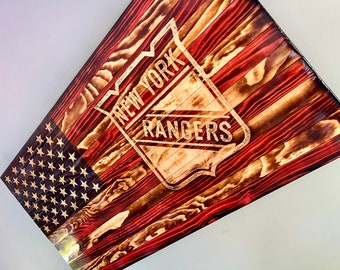 New York Rangers, American wooden flag, rangers hockey, rustic flag, rangers fan, man cave, gift for him, hockey fan gift