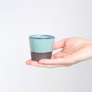 May include: A small, light blue ceramic cup with a dark brown rim and base. The cup is held in a hand.