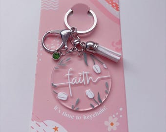 Faith Acrylic Keychain with Green Birthstone Charm and Tassel