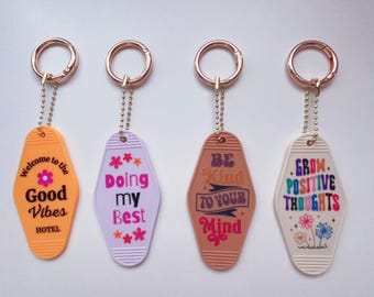Inspirational Motel Keychain with Butterfly Flower Prints, Aesthetic Hotel Key Tag with Gold Ball Chain & 1" Carabiner Clip, Positive Gift