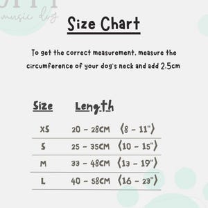 May include: A size chart for dog collars with measurements in centimeters and inches. The chart includes sizes XS, S, M, and L, with corresponding neck circumference ranges. The text advises measuring the dog's neck and adding 2.5cm.