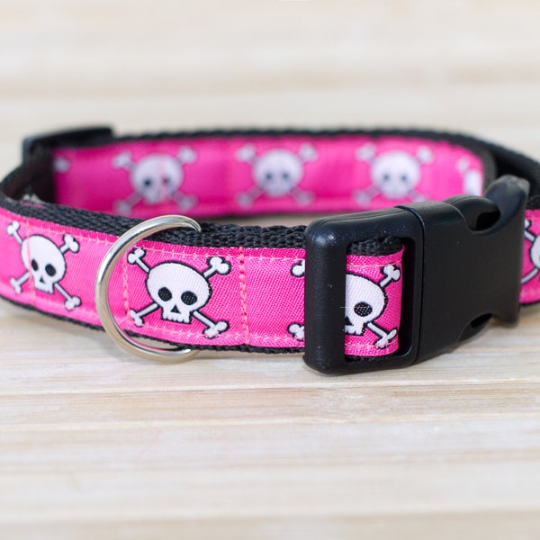 Hot Pink and Skulls Dog Collar - and optional Matching Lead Extra Small | Small | Medium | Large Collar | Pet Gift