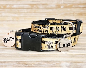 Personalised Wizard theme, gold Dog Collar with Silver or Rose Gold engraved Dog ID Tag