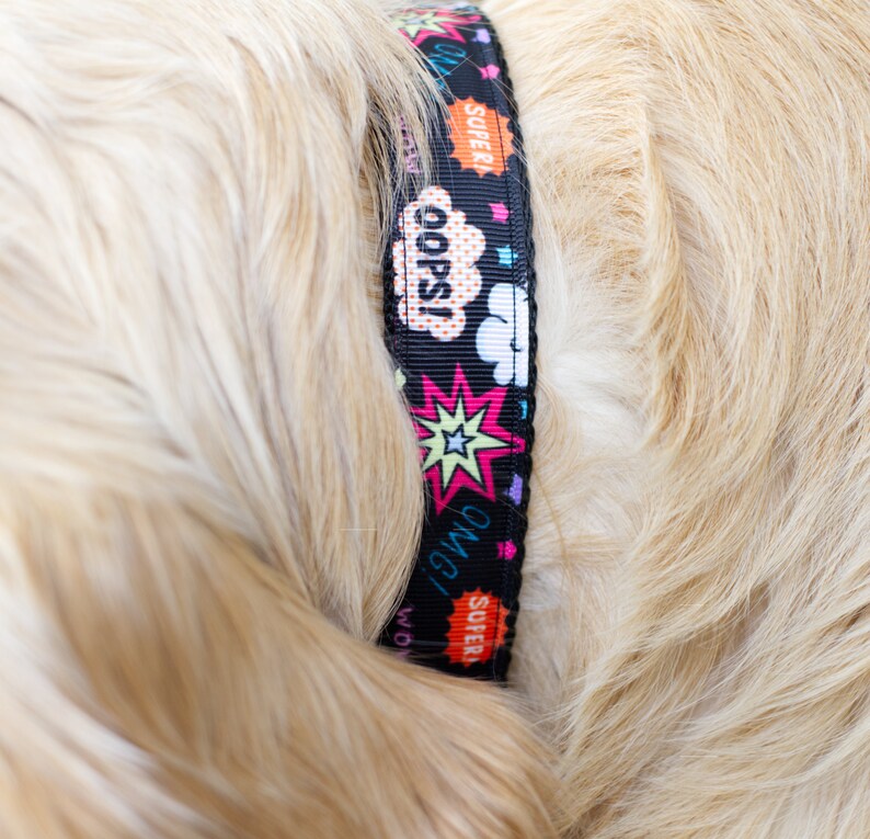 May include: Black dog collar with comic book style graphics. The collar features the words "Oops!", "OMG!", and "Super!" in speech bubbles and starbursts. The collar is on a dog with light brown fur.