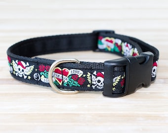 Handmade Black Tattoo Dog Collar: Skull & Rose Design