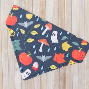 Peut inclure: Un bandana pour chien en tissu noir avec un imprim&eacute; sur le th&egrave;me d'Halloween repr&eacute;sentant des citrouilles, des champignons, des chauves-souris, des fant&ocirc;mes et des feuilles. Le bandana a un fond bleu fonc&eacute; avec des gouttes de pluie bleu clair.