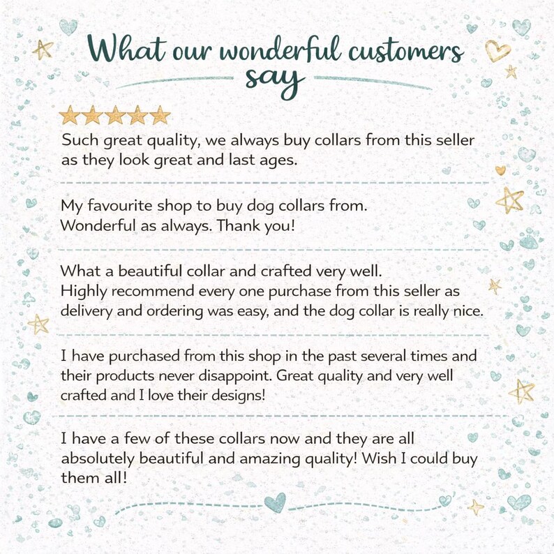 May include: A light blue background with the text "What our wonderful customers say" in a handwritten font. Customer reviews are listed below, praising the quality and design of dog collars.