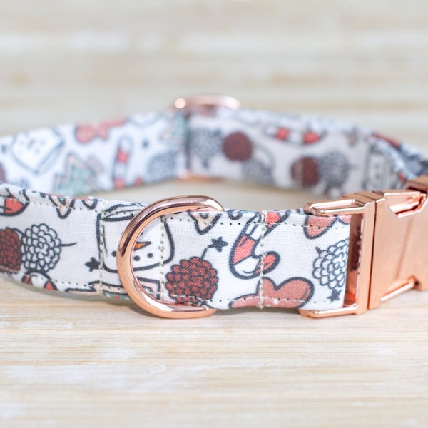 Christmas Dog Collar, Marshmallow Snowmen, Rose Gold Buckle