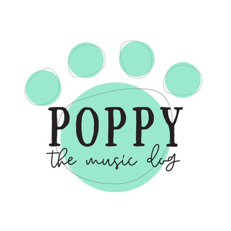 Peut inclure: Une empreinte de patte verte avec le texte "POPPY the music dog" en noir.