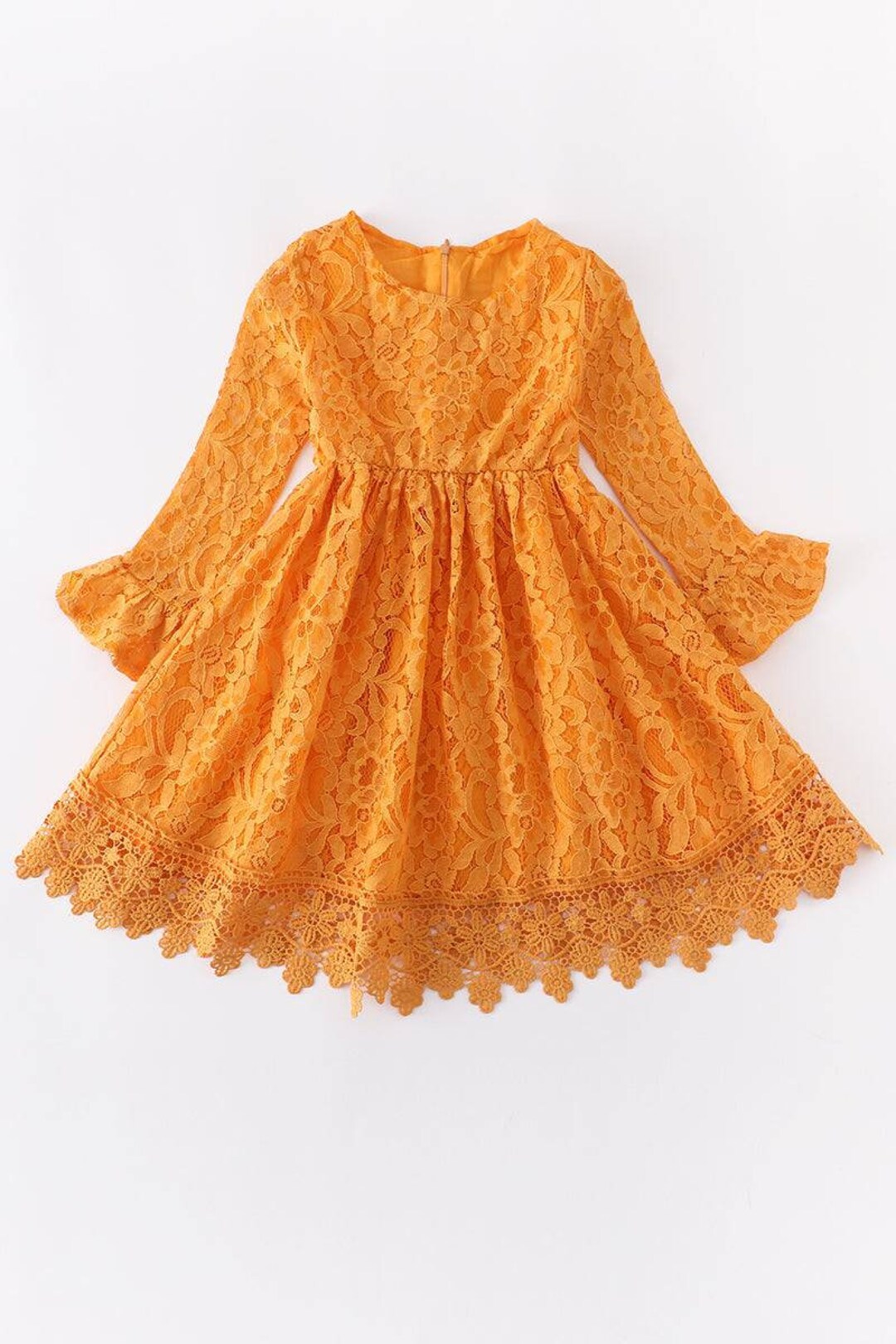 GIRLS Mustard Lace Twirl Dress With Lace Sleeves and Zipper Etsy