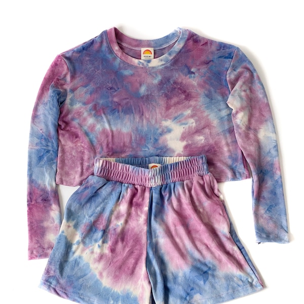 Purple Blue Tie Dye Lounge Set | Ultrasoft Loungewear Top, Shorts, Pants | Made in USA | Gift for Women Girls Bridal Party Bridesmaids