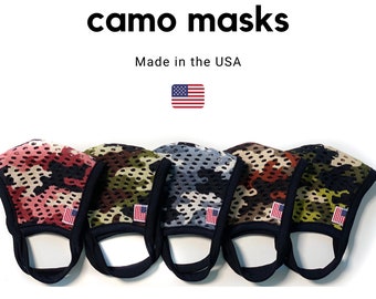 May include: Five camo face masks in different color patterns. The masks are made of a breathable mesh fabric and have adjustable ear loops. Made in the USA.