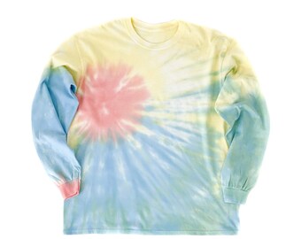 May include: A long-sleeved tie-dye shirt with a swirl pattern in shades of blue, yellow, and pink.