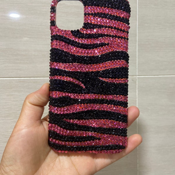 Zebra Sparkle Phone Cases Unique Handcraft Crystal Phone Covers Hot Pink & Black Diamond Stones Cute Back Phone Cases Hard/Soft