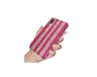 Stripe Strass Phone Cases Einzigartige Handcraft Crystal Phone Covers Pink & hot pink Swarovs Luxussteine Benutzerdefinierte handgefertigte Rücktelefonabdeckungen