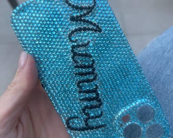 Monogramm-Telefonhülle, blaue Steine, Swarovski-Kristalle, Shine Sparkle-Telefonhülle, vollständiger Seitenschutz, individueller Namen, Buchstaben, individuelle Gestaltung handgefertigter Handyhüllen