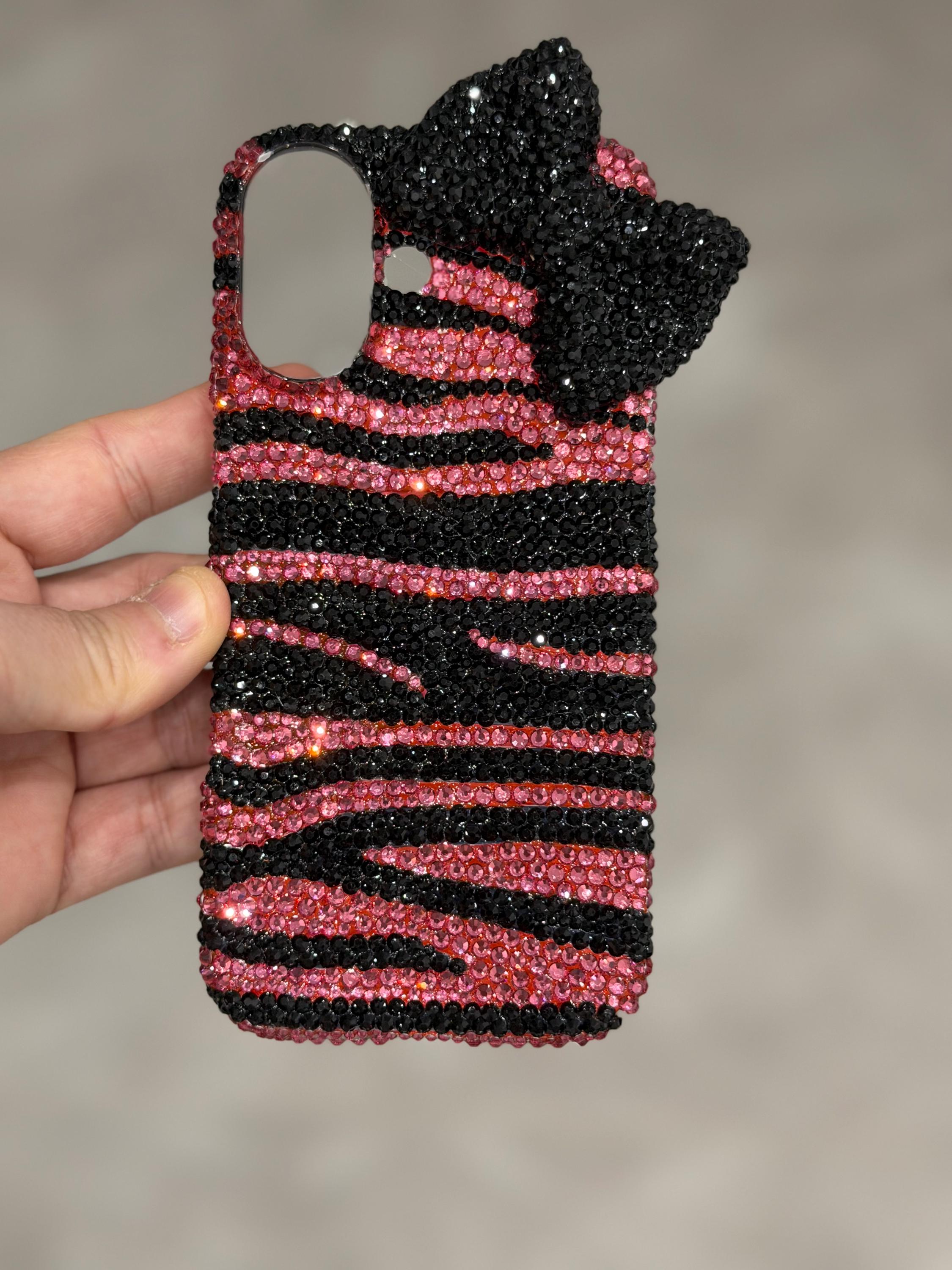 Luxury Black Bow Zebra Phone Case, Sparkly Bling Rhinestone