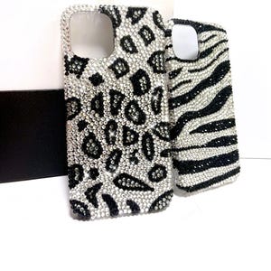 Sparkly Cheetah Print Crystal Phone Cases Unique Glitter Phone Covers for Woman Bling Leopard Sparkling Phone Case Black white grey stones