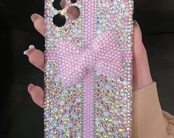 Pink Bow Ribbon Phone Cases Sparkling Rhinestone Bedazzled Back Phone Cases Full sides Camera Hole Protect Covers Customize Luxury Cases