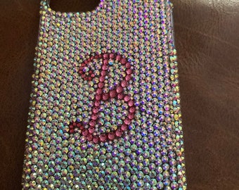 Initial Phone Case, Iridescent Rhinestone, Personalized Bling Cover