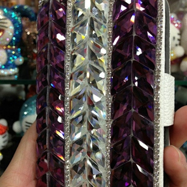 Bling Wallet Phone Case Wrist Phone Case Leather Wallet Phone Cover holder with purple clear bling out on the front inside card holders