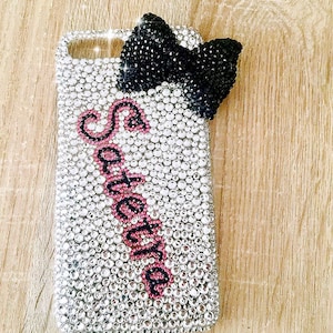 Rhinestone phone case black ribbon personalize initials phone cases sparkly glitter diamond phone covers